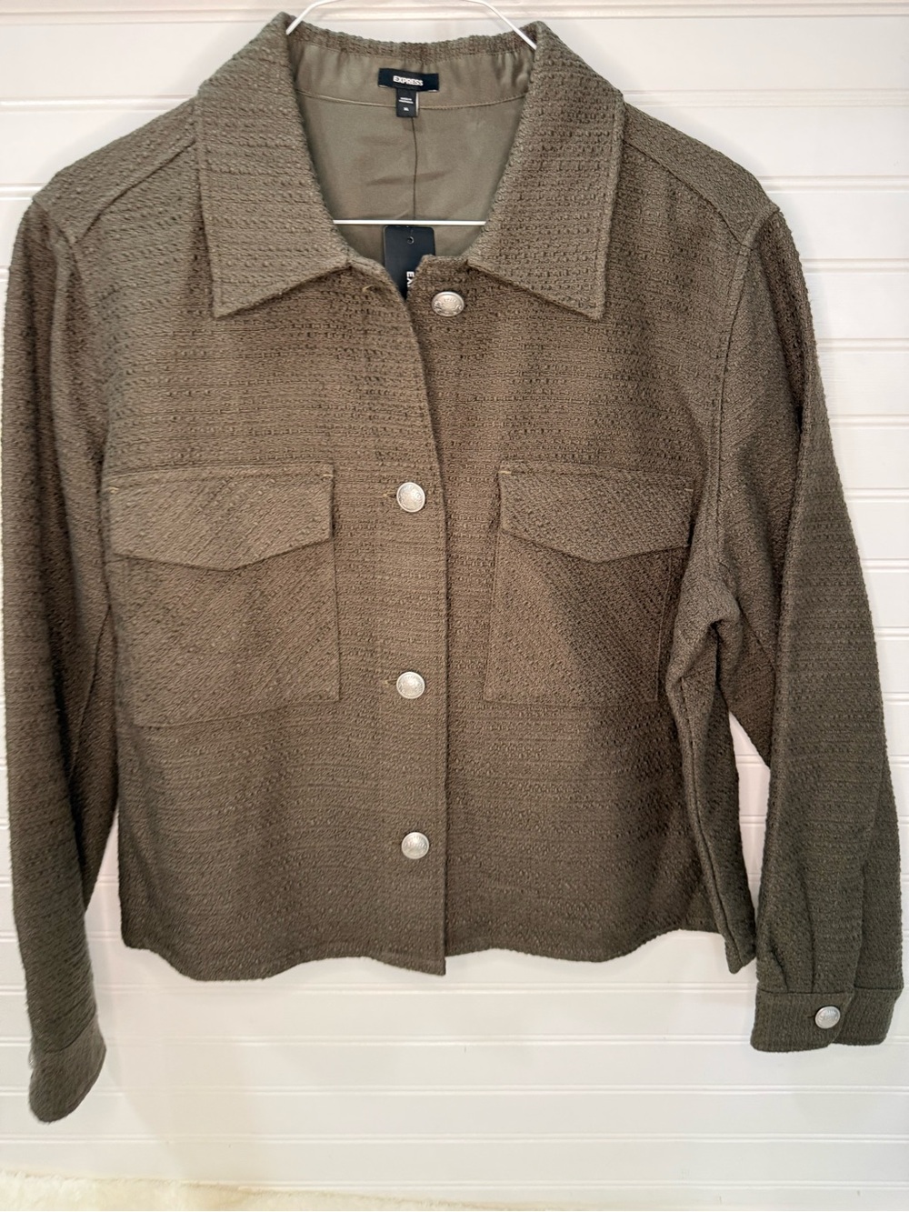 Express Olive Green Tweed Novelty Textured Shacket